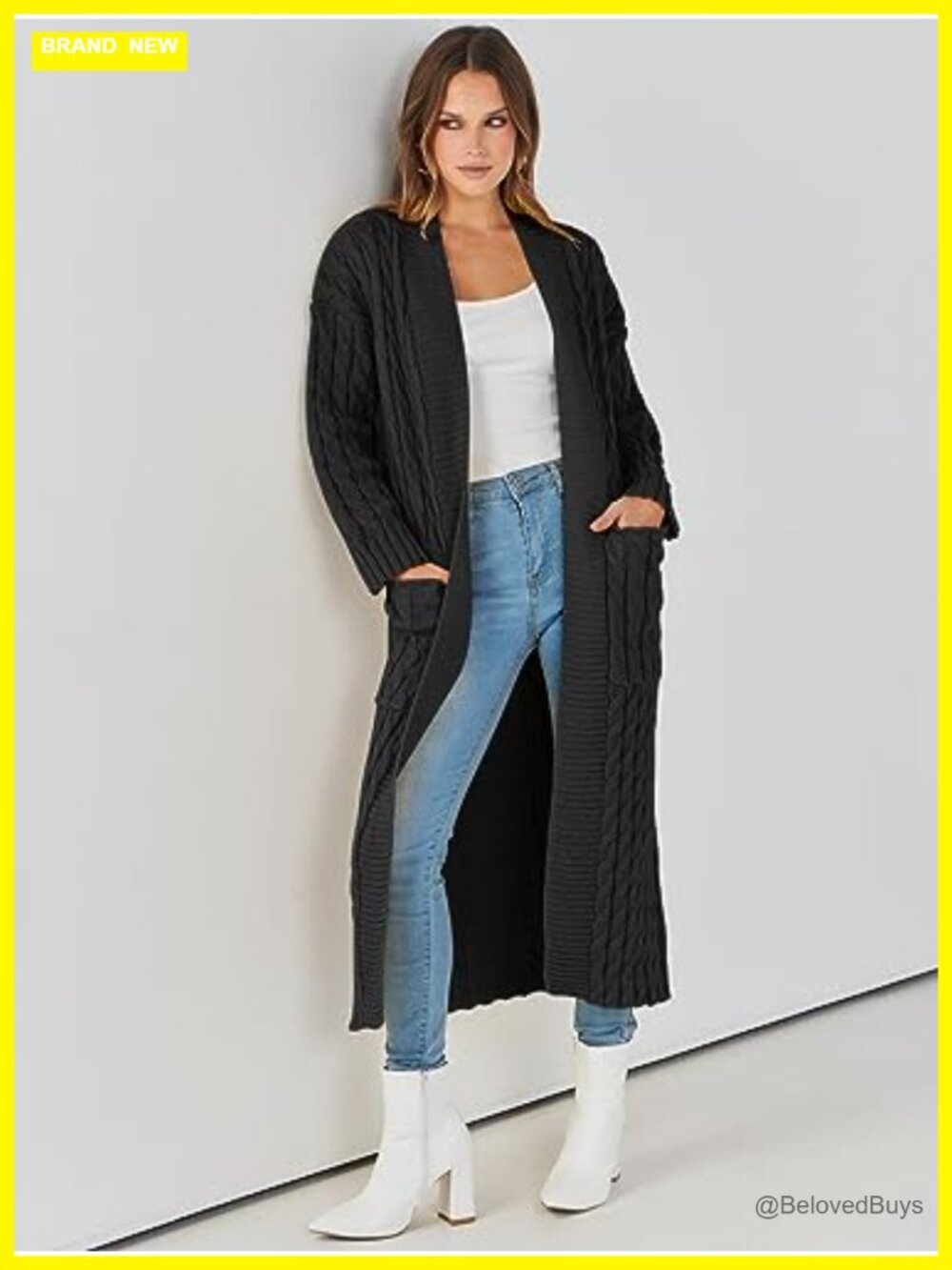 Open Front Cable Knit Long Cardigan Sweater Coat with Pockets - Picture 5 of 6